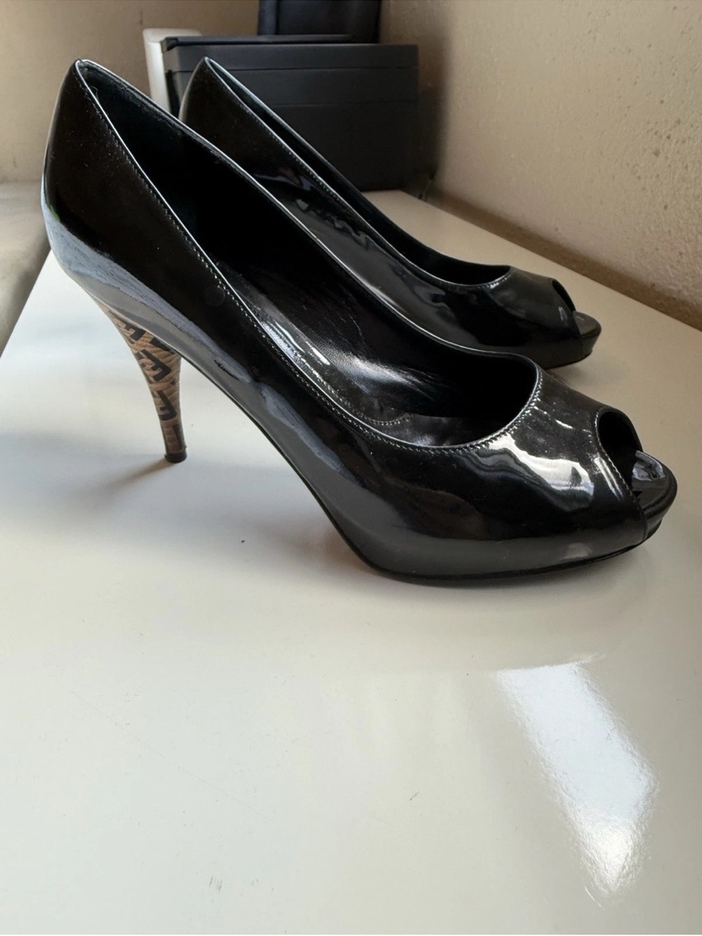 Fendi Black Patent Peep-Toe Pumps with Monogram Heel Accent